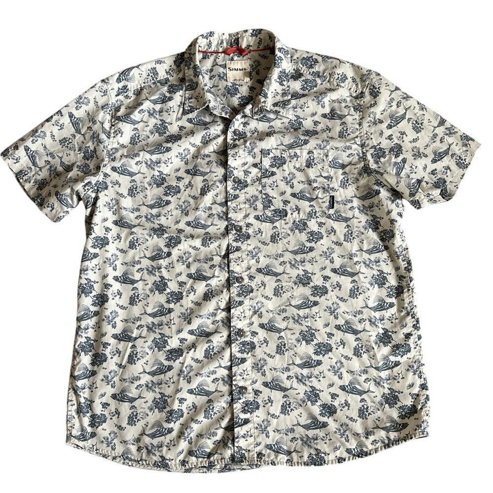 Men’s SIMMS Causal Short Sleeve Button Down Fishing Shirt Cream Navy Size Large